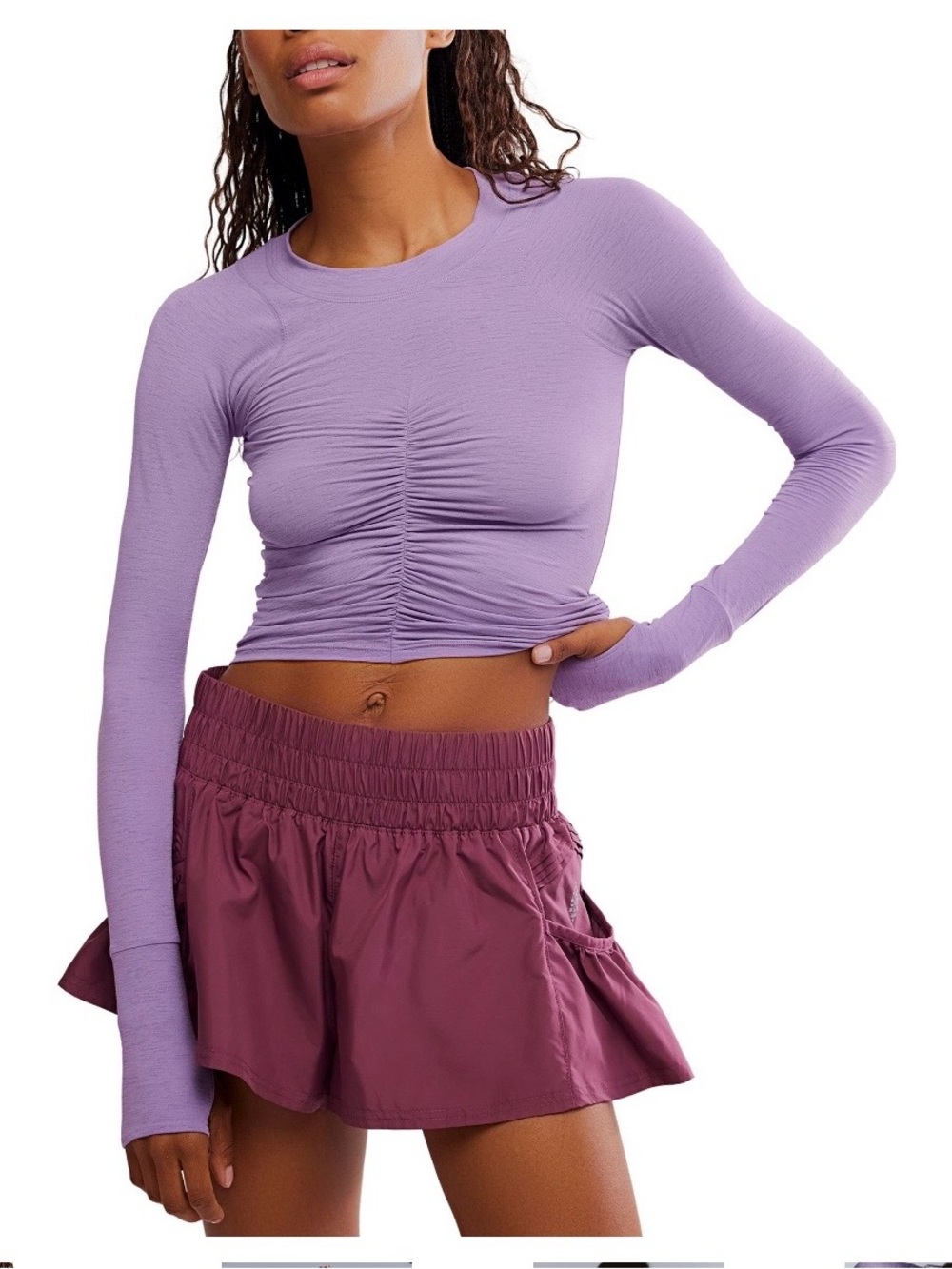 NWT FP Movement by Free People Lilac Ruched Long-Sleeve Crop Top